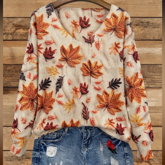 🍁🍂 Autumn Leaf Print Sweater - Picture 1 of 14
